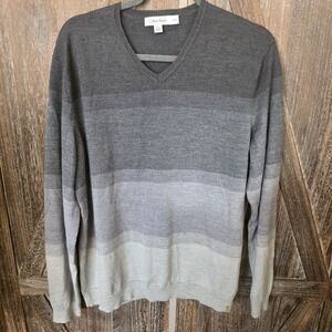 Calvin Klein Sweater Men's Size XL Gray Striped Wool Blend Long Sleeve V Neck